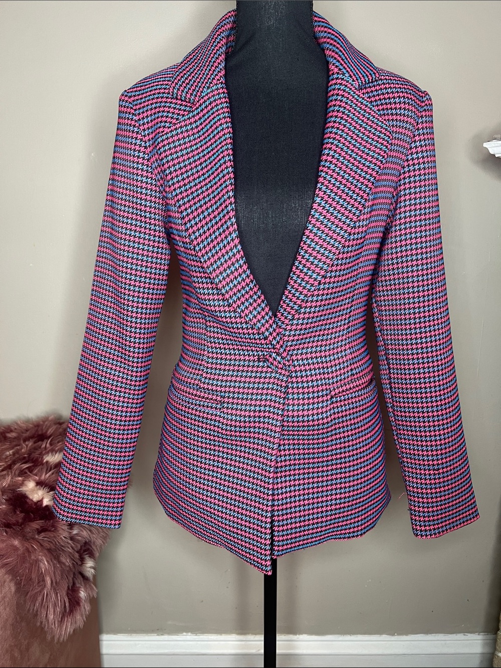 Tailored Pink & Blue Houndstooth Women's Blazer